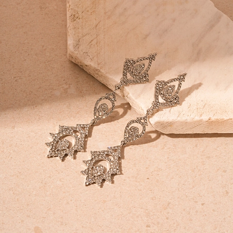 Pendientes Largos De Lujo Gota De Agua Aleación Estrás Con Silver Earring Post Vintage Geométrico Para Mujer