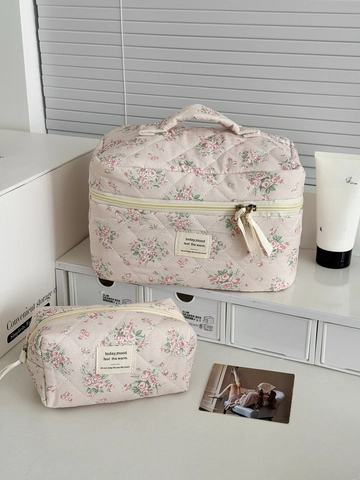 Florale Gesteppte Baumwolle Make-up Tasche Clutch Octagon Beutel Rosa Große Kapazität Tragbare Reise Kulturtasche Für Frauen