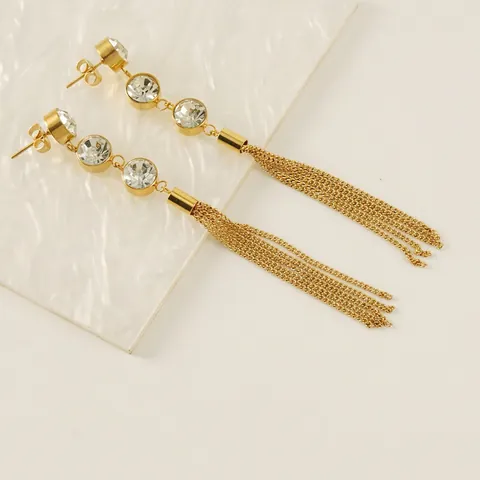 Elegant Long Tassel Drop Earrings For Women Titanium Steel 18K Gold Plated Round Zircon Inlaid Geometric Fashion Jewelry