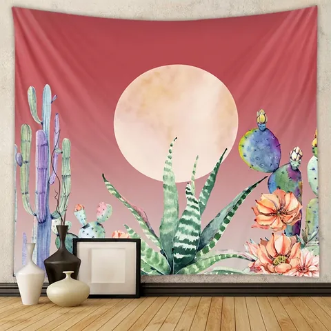 Tapisserie Murale Phases De Lune Fleur Cactus Mystique Bohème Polyester Décor Chambre Salon Art Esthétique
