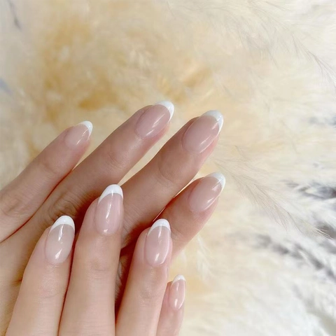 Unghie Finte Francesi Forma Mandorla Punta Bianca Base Rosa Nude Plastica Rimovibile Manicure Per Donne