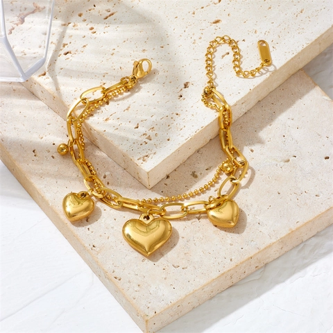 Double Layer Heart Pendant Bracelet Stainless Steel Layered Oval Link Round Bead Chain Adjustable Fashion Jewelry Women