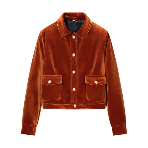 Women Velvet Jacket Short Coat Turn Down Collar Solid Color Metal Buttons Flap Pockets Elegant Long Sleeve Outwear