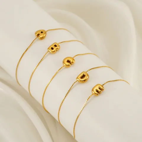 Minimalist 3D Puffed Alphabet Bracelet 18K Gold Plated Stainless Steel Bubble Letter Jewelry For Women Girls