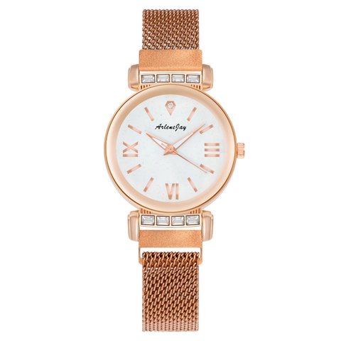 Fashion Women Starry Sky Quartz Watch With Milanese Magnetic Metal Mesh Strap Rhinestone Roman Numerals Ladies Mesh Band Wristwatch