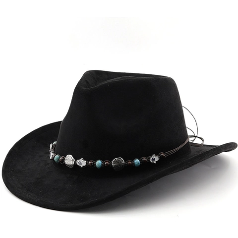 Western Cowboy Hat Suede Polyester Wide Brim Beaded Band Hamsa Hand Evil Eye Vintage Ethnic Bohemian Style