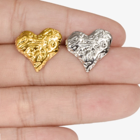 Stainless Steel Heart Shaped Stud Earrings Hammered Wrinkled Texture Metallic Gold Silver Earrings For Women Jewelry Gift