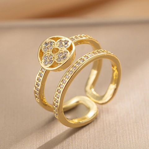 Elegant Clover Double Layer Ring For Women Copper Cubic Zirconia Pave Open Adjustable Light Luxury Style Jewelry