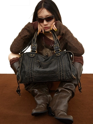 Borsa Da Moto Vintage Distressed Pelle PU Grande Capacità Tote Y2K Wasteland Stile Borsa Con Manici Intrecciati