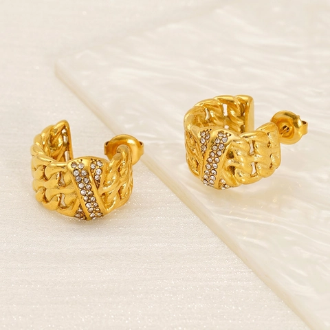 Boucles D'oreilles Créoles En C Plaquées Or 18K Acier Inoxydable Texture Chaîne Zircone Cubique Bijoux Femmes