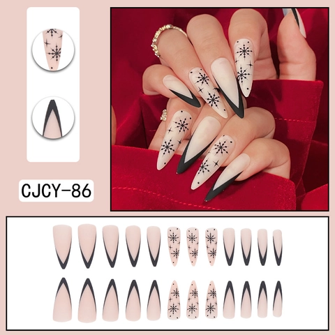 Uñas Postizas Long Stiletto Diseño Copo De Nieve Forma En V Francés Mate Uñas Artificiales Para Navidad Invierno