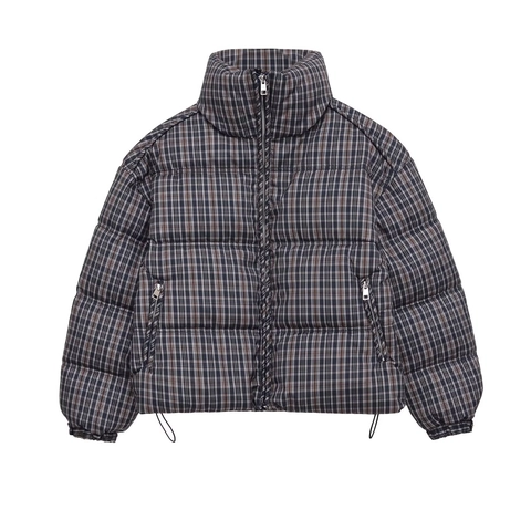 Women's Plaid Quilted Padded Jacket Vintage Stand Collar Drawstring Hem Loose Thick Cotton Coat Winter Outerwear For Women