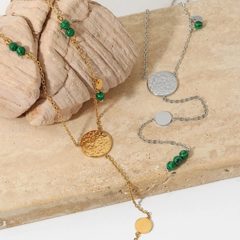 Collar Lariat En Y De Acero Inoxidable Con Cuentas Verdes Estilo Malaquita Y Disco De Metal Martillado Cadena Larga Para Mujer