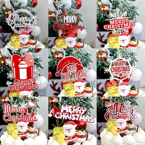 Merry Christmas Cake Toppers Acrylic Snowflake Reindeer Gift Box Decorations For Xmas Party Dessert Ornament