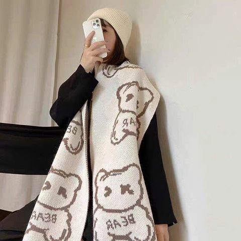 Sciarpa Invernale Calda Stile Coreano Acrilico Lana Artificiale Stampato Orso Modello Sciarpa Lavorata a Maglia Donna