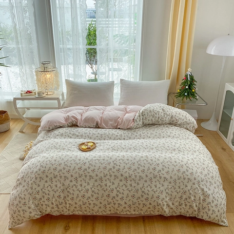 Floral Cartoon Duvet Cover Knitted Cotton Soft Breathable Bedding With Hidden Zipper And Corner Ties For Bedroom Decor