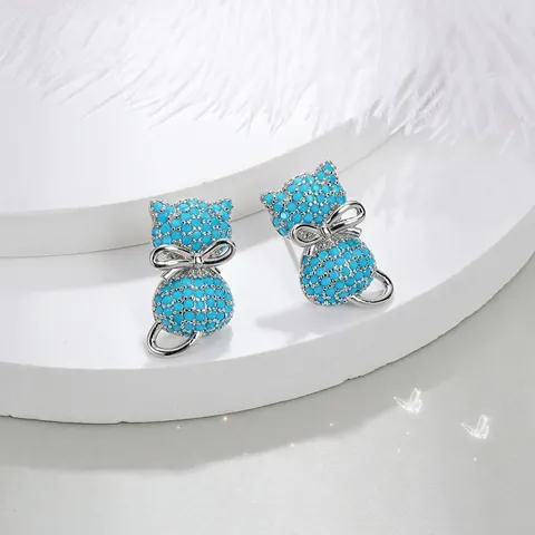 Cute Cat Stud Earrings Copper Micro-inlaid Colorful Rhinestone Bowtie Animal Ear Studs S925 Sterling Silver Post For Women Girl