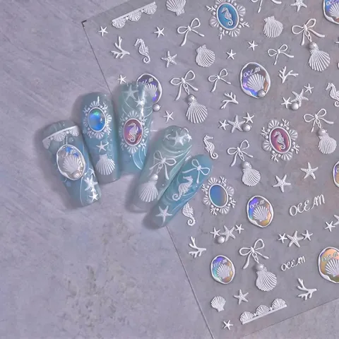 Pegatinas Uñas Relieve Serie Océano Caballito Mar Concha Estrella Mar Lazo Perla Artificial Decoración DIY Autoadhesiva Mujeres