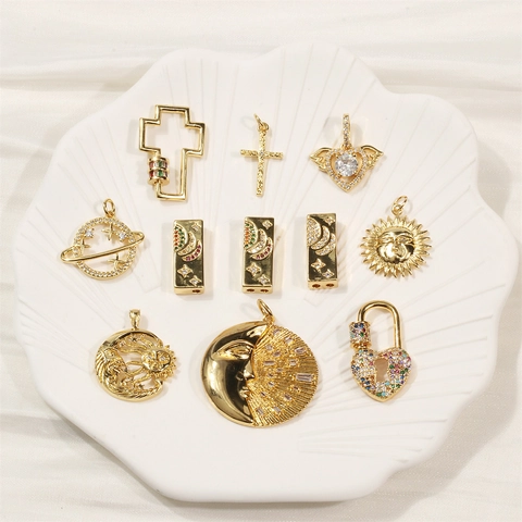 Copper Gold Plated Celestial Sun Moon Star Cross Charms With Zircon For DIY Jewelry Making Trendy Boho Pendants