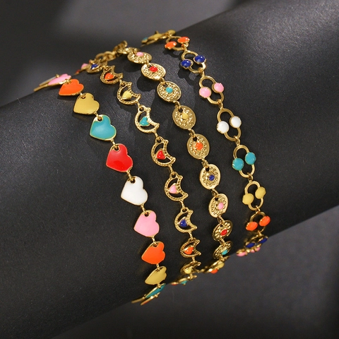 Pulsera De Acero Inoxidable Para Mujer Vintage Chapado En Oro Esmalte Colorido Corazón Luna Redondo Dijes Joyería Ajustable