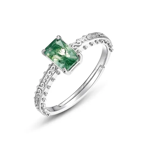 Vintage Amethyst Moss Agate Ring S925 Sterling Silver Adjustable Open Band Engraved Pattern Jewelry For Women