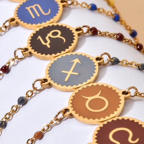 Stainless Steel Zodiac Bracelet For Women Colorful Enamel Twelve Constellation Round Charm Adjustable Trendy Jewelry