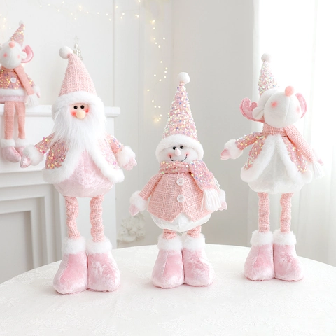 Pink Christmas Plush Ornaments Sequin Santa Claus Snowman Reindeer Home Holiday Decor Sitting Long Legs Telescopic Festive Decoration