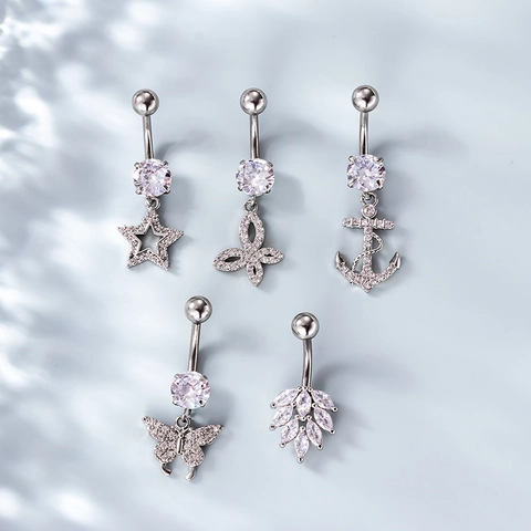 Stainless Steel Bar And Copper Inlaid Zircon Belly Rings For Women Trendy Butterfly Heart Flower Body Piercing Jewelry