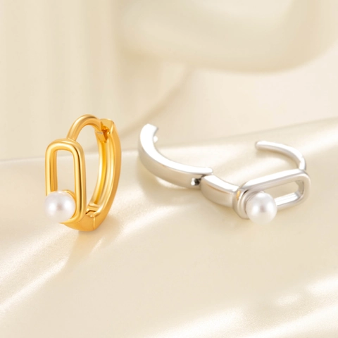 Minimalist Geometric Rectangle Hoop Earrings With Faux Artificial Pearl Copper Gold Silver Plated Elegant Ear Buckles For Women