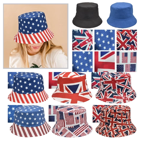 Chapeau Bob Polyester Protection Solaire Extérieure Pliable Imprimé Drapeau US UK Style Vintage Unisexe
