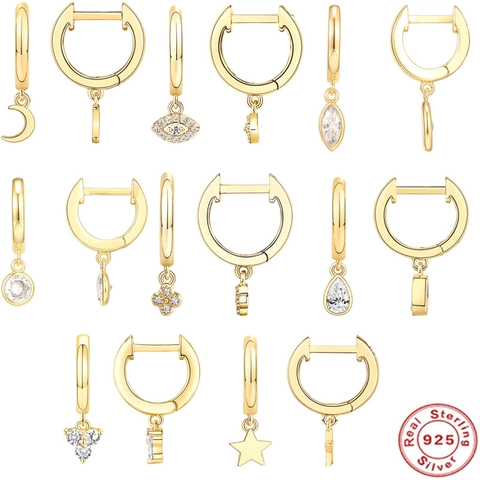 925 Sterling Silver Huggie Hoop Earrings Gold Plated Zirconia Evil Eye Moon Star Clover Water Drop Charm Dangle Earrings Jewelry
