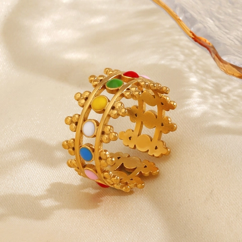 Verstelbare Roestvrijstalen Open Ring Voor Dames Emaille Meerkleurig Geometrisch Rond Holle Kroon Sieraden
