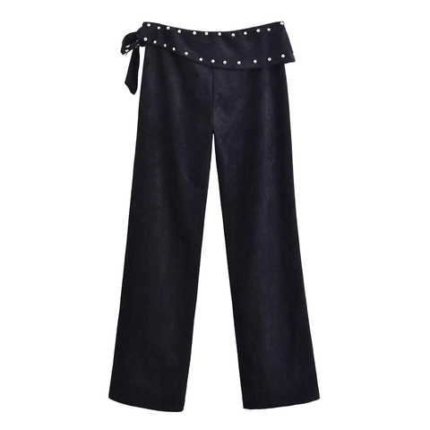 Dames Wijde Pijpen Broek Imitatiesuède Hoge Taille Klinknagels Decoratie Omslagband Zijstrik Lange Broek Casual Zwart