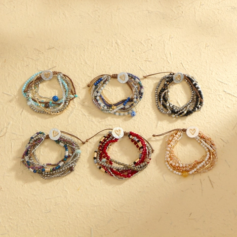 Multilayer Beaded Bracelet Heart Cross Charm Adjustable Woven Cord Bohemian Vintage Glass Stone Women Jewelry Gift