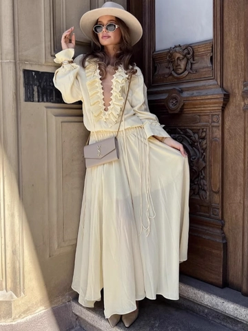 Women Ruffle V Neck Long Sleeve Pleated Top And Long Skirt Set Elegant Light Yellow Vacation Chiffon Style Outfit