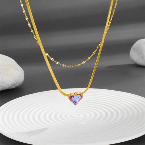 Double Layer Heart Pendant Necklace Gradient Purple Blue Crystal Stainless Steel Snake Box Chain Jewelry For Women