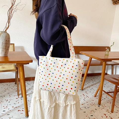 Polka Dot Print Canvas Tote Bag Multi Color Casual Minimalistische Schoudertas Met Rits Voor Dames