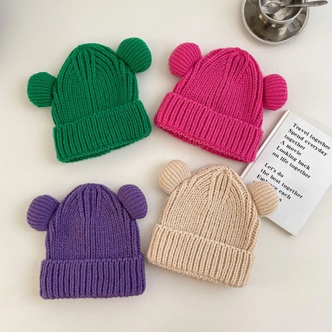 Gorro De Punto Para Niños Con Orejas De Oso Doble Bola Color Sólido Gorro De Invierno Cálido Y Grueso Niños Y Niñas