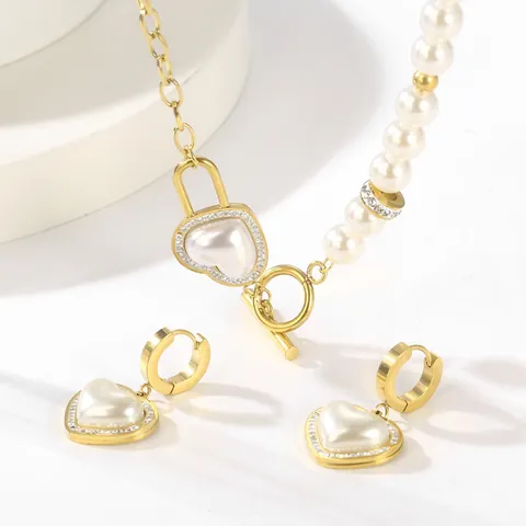 Set Di Gioielli In Acciaio Inossidabile Cuore Künstliche Perle Di Imitazione E Strass Collana Orecchini Bracciale Elegante Donne