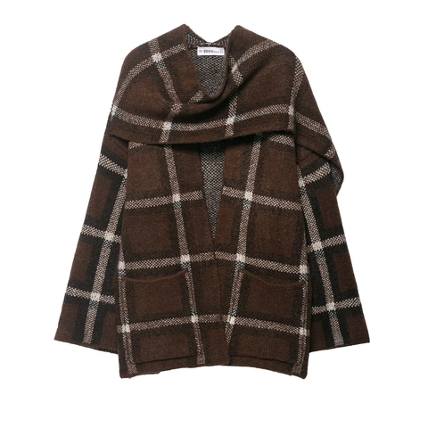 Damen Geruite Gebreid Vest Met Sjaal Oversized V-Hals Lange Mouwen Zakken Warme Wintergebreide Trui Bovenkleding