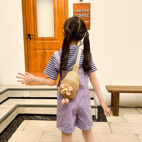 Kids Straw Woven Chest Bag Cartoon Bear Flower Decoration Summer Outdoor Cute Crossbody Bag For Girls