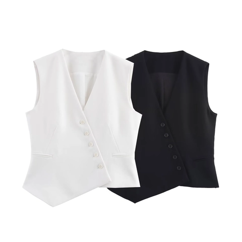 Women Suit Vest And Wide Leg Pants Polyester Asymmetric Hem V Neck Business Casual Streetwear Outfits
