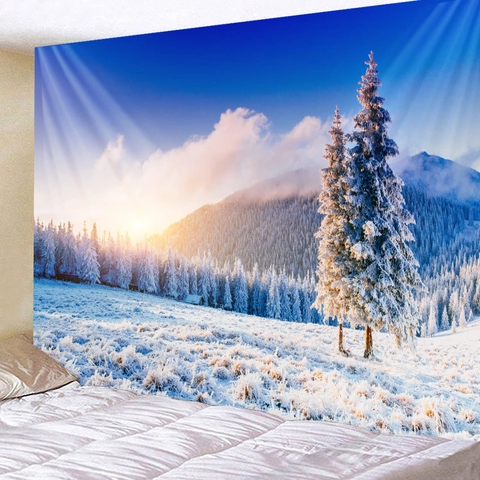 Tapiz De Paisaje De Bosque De Montaña De Nieve De Invierno Poliéster Impresión Digital HD Decoración De Pared Para Dormitorio Salón
