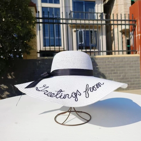 Women Wide Brim Straw Sun Hat Summer Beach Foldable Embroidery Letters Ribbon Bow Decoration Vacation Sunshade Straw Hat