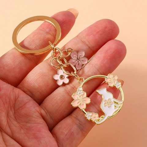 Portachiavi con Corona di Fiori a Forma di Gatto e Coniglio per Donna in Lega di Zinco Oro Strass Pendente di Fiori di Ciliegio