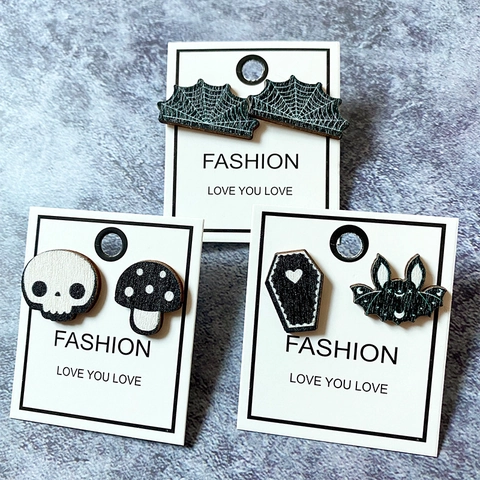 Asymmetric Wood Stud Earrings With Copper Earring Post Halloween Skull Bat Coffin Gothic Dark Style Novelty For Women