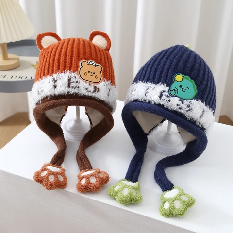 Kids Winter Knitted Ear Protection Hat Cute Cartoon Animal Design Fleece Lined Warm Thick Windproof Beanie For Toddlers