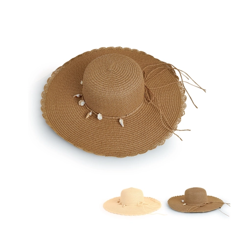 Sombrero De Sol De Paja Para Mujer Ala Ancha Borde Ondulado Decoración De Concha Playa Vacaciones Verano Papel Trenzado Transpirable