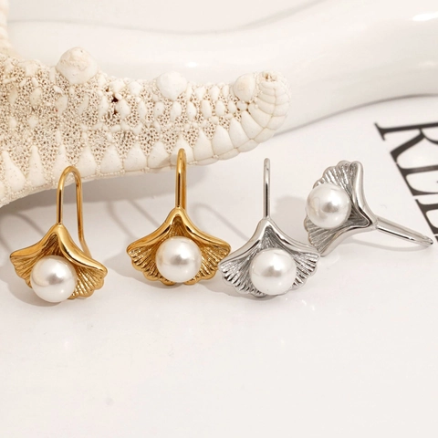 Ginkgo Leaf Artificial Pearl Hook Earrings Stainless Steel PVD 18K Gold Plated Fan Shaped Elegant Waterproof Hypoallergenic Jewelry