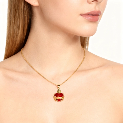 Collana con Pendente a Croce e Corona del Sacro Cuore in Rame Placcato Oro Rosso Zirconia Catena Gotica Gioielli da Donna